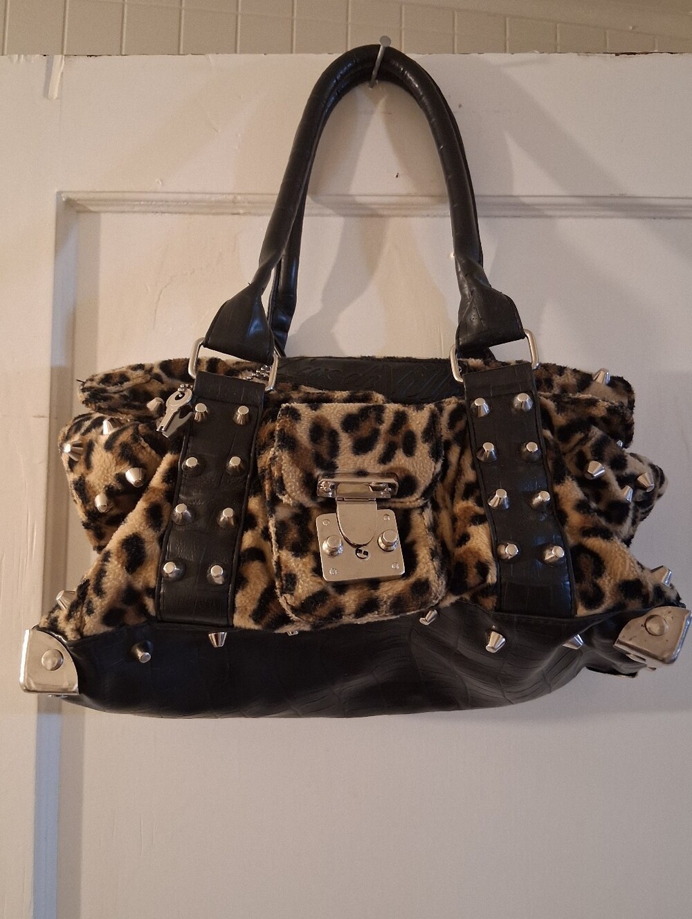 Lux de Ville Leopard Faux Fur Stud Satchel Spikes Key Charm Punk Rockabilly Bag